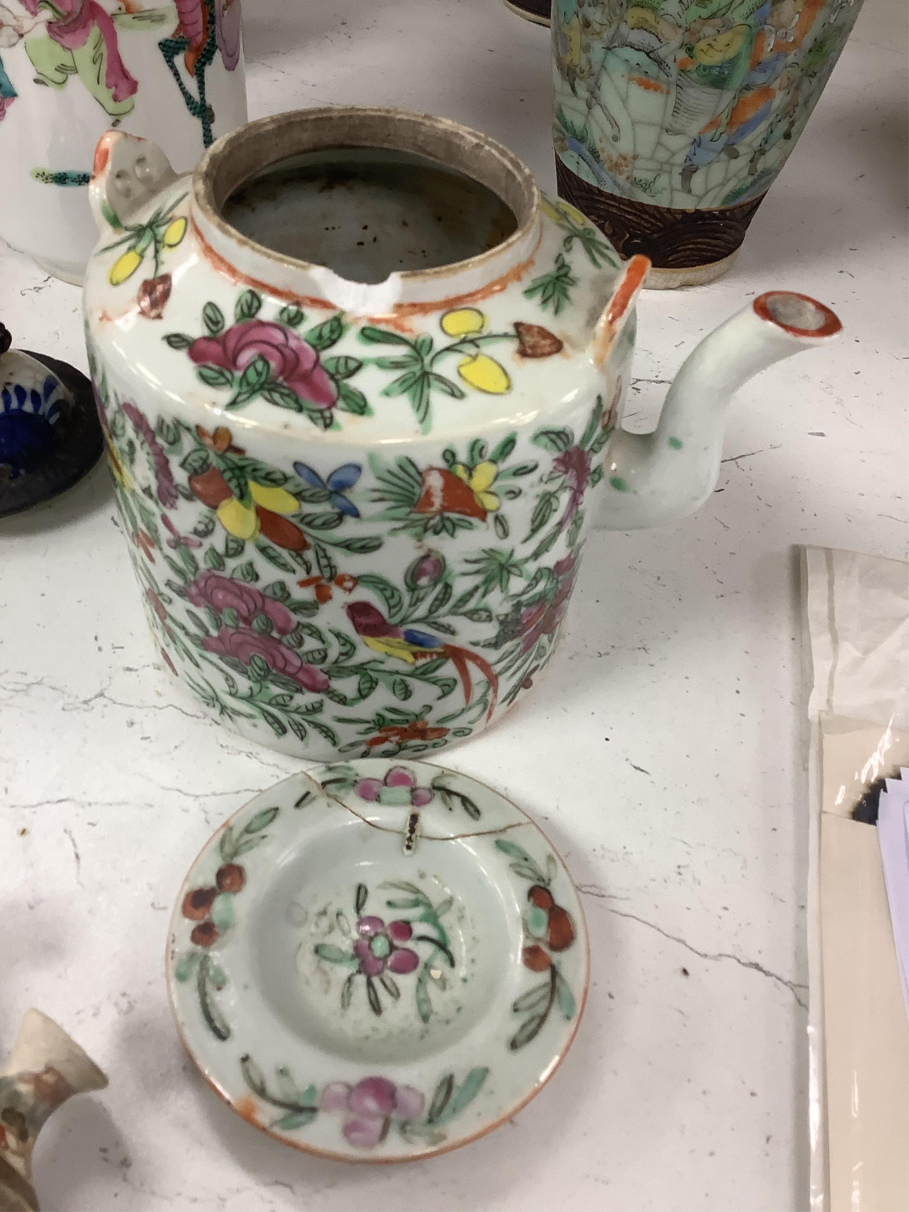 Three pairs of Chinese vases, a teapot, two bowls and a pair of miniature Satsuma vases, tallest item crackleware vases and covers 32cm high. Condition - poor